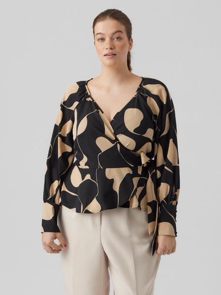 Vero Moda Curve Бежово-черна дамска шарена блуза с вратовръзка VERO MODA CURVE Lydia